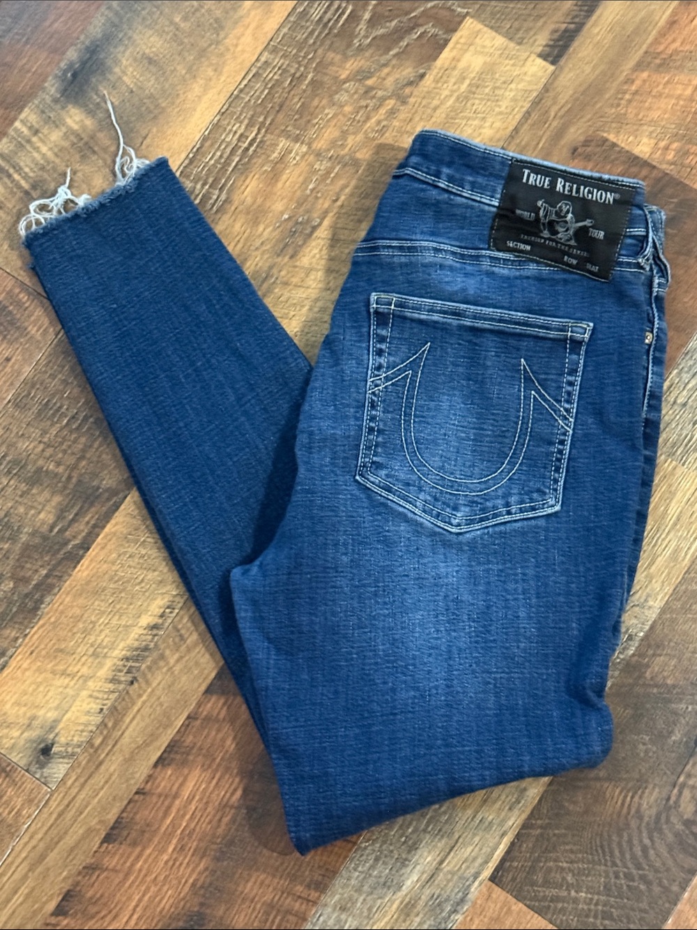 True Religion Jennie Curvy Mid Rise Skinny Jeans Raw Hem Dark Wash Size 32